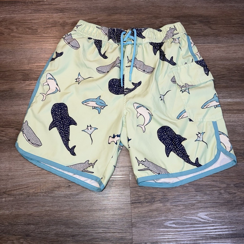 Sovereign Code Swim Trunks Mens Small Shark Whale Print Light Green Background